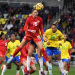 CanWNT Forward, Janine Beckie Heads The Ball Against Brazil
