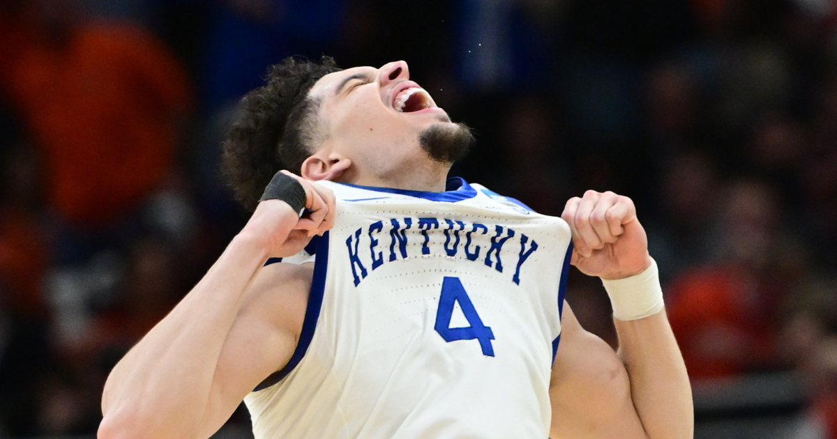 Mar 23, 2025; Milwaukee, WI, USA; Kentucky Wildcats guard Koby Brea (4) reacts after defeating the Illinois Fighting Illini in the second round of the NCAA Tournament at Fiserv Forum. Mandatory Credit: Benny Sieu-Imagn Images