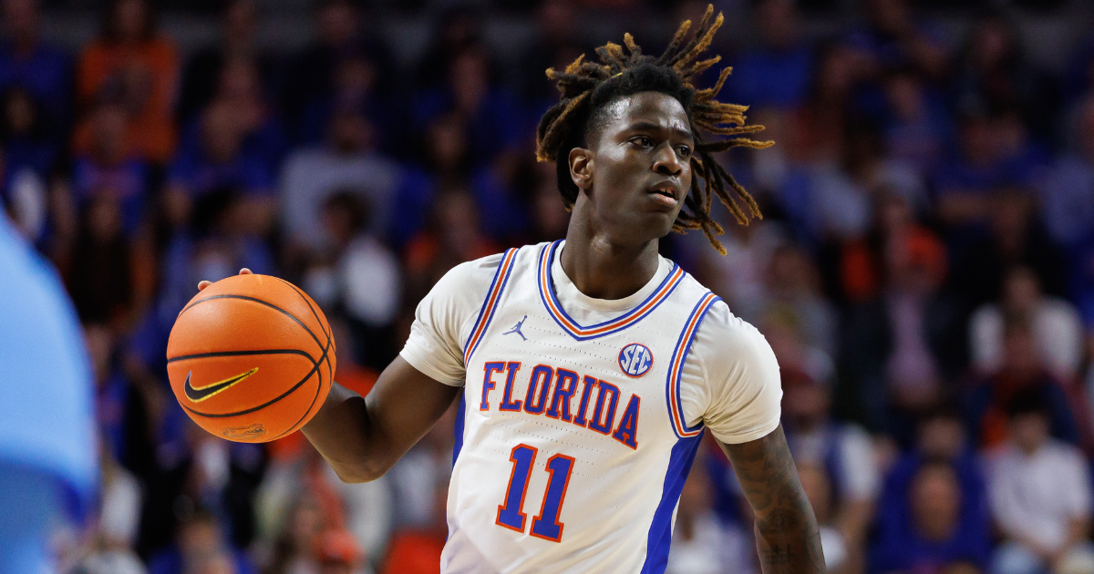 Mar 8, 2025; Gainesville, Florida, USA; Florida Gators guard Denzel Aberdeen (11) dribbles the ball against the Mississippi Rebels during the second half at Exactech Arena at the Stephen C. O'Connell Center. Mandatory Credit: Matt Pendleton-Imagn Images