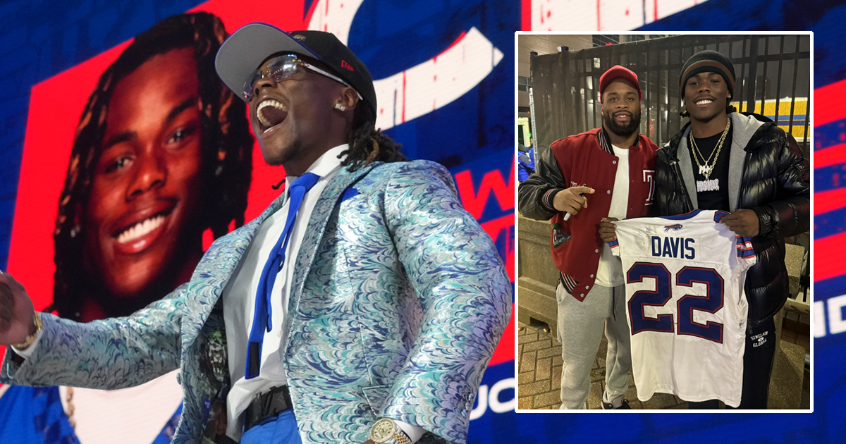 Apr 24, 2025; Green Bay, WI, USA; Kentucky Wildcats cornerback Maxwell Hairston is selected by the Buffalo Bills as the number 30 pick in the first round of the 2025 NFL Draft at Lambeau Field. Mandatory Credit: Kirby Lee-Imagn Images (Inset image: @Ray_Davis07/Twitter)