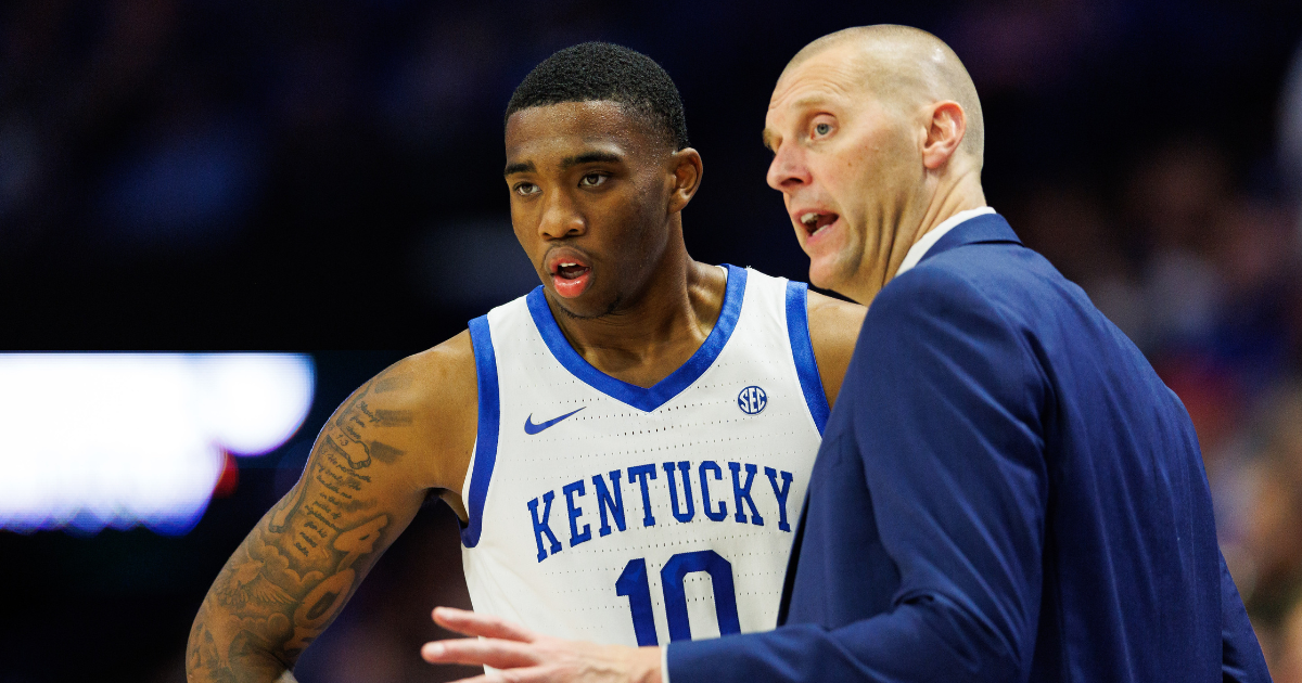 Nov 9, 2024; Lexington, Kentucky, USA; Kentucky Wildcats head coach Mark Pope talks with forward Brandon Garrison (10) during the second half against the Bucknell Bison at Rupp Arena at Central Bank Center. Mandatory Credit: Jordan Prather-Imagn Images