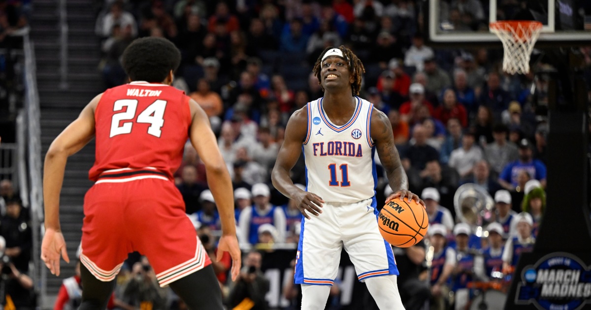 Mar 29, 2025; San Francisco, CA, USA; Florida Gators guard Denzel Aberdeen (11) drives to the hoop past Texas Tech Red Raiders guard Kerwin Walton (24) during the first half during the West Regional final of the 2025 NCAA tournament at Chase Center. Mandatory Credit: Eakin Howard-Imagn Images

