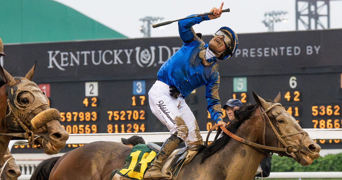 Junior Alvarado celebrates a Kentucky Derby win on Sovereignty, via Jeff Faughender/Courier Journal / USA TODAY NETWORK via Imagn Images