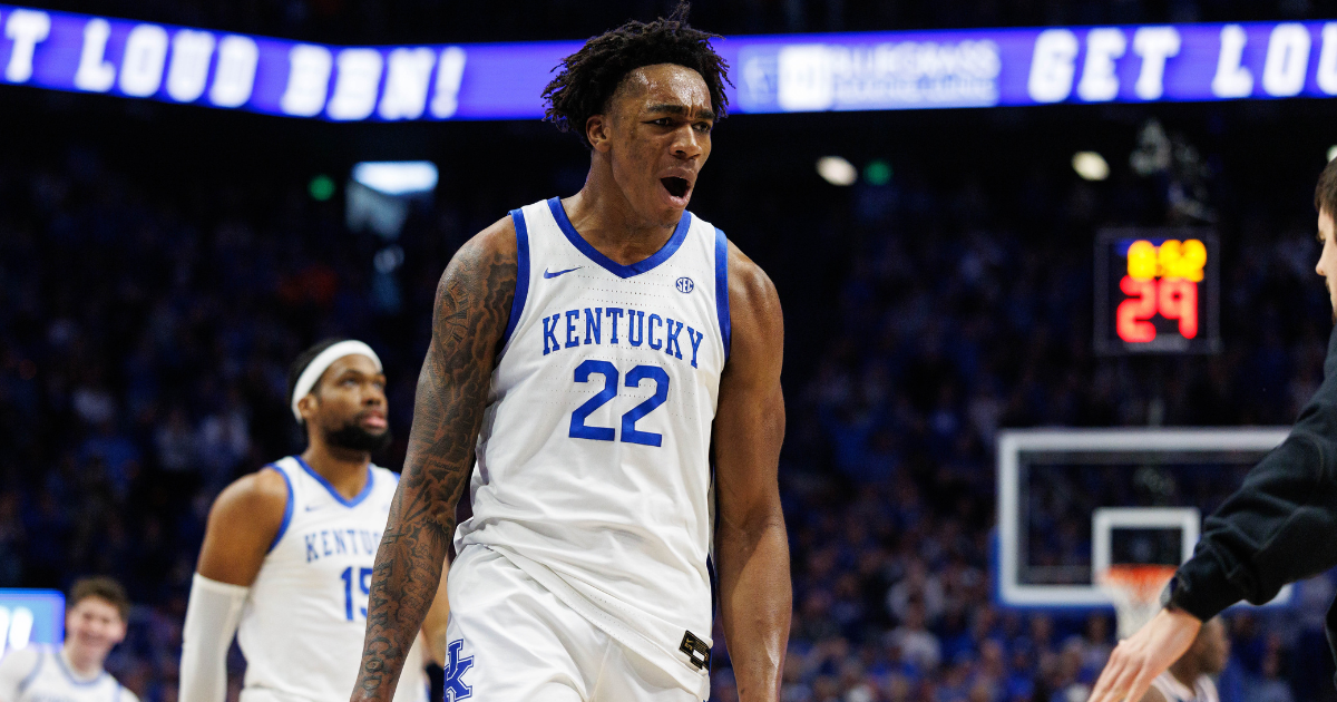 Kentucky Wildcats center Amari Williams (22) celebrates during the first half against the Auburn Tigers at Rupp Arena at Central Bank Center. Mandatory Credit: Jordan Prather-Imagn Images