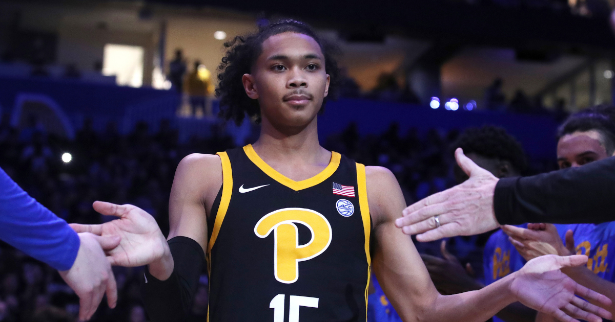 Jan 28, 2025; Pittsburgh, Pennsylvania, USA; Pittsburgh Panthers guard Jaland Lowe (15) takes the court during player introductions against the North Carolina Tar Heels at the Petersen Events Center. Mandatory Credit: Charles LeClaire-Imagn Images