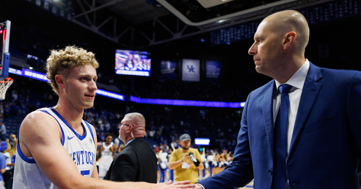 Nov 9, 2024; Lexington, Kentucky, USA; Kentucky Wildcats head coach Mark Pope fives guard Collin Chandler (5) after the game against the Bucknell Bison at Rupp Arena at Central Bank Center. Mandatory Credit: Jordan Prather-Imagn Images