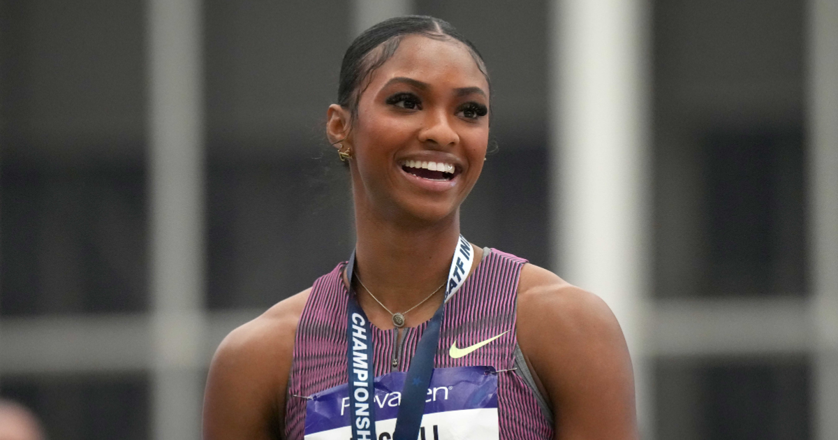 Feb 22, 2025; Staten Island, NY, USA; Masai Russell poses after winning the women's 60m hurdles in 7.74 during the USATF Indoor Championships at Ocean Breeze Athletic Complex. Mandatory Credit: Kirby Lee-Imagn Images