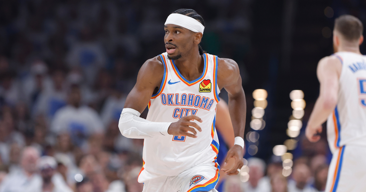 May 13, 2025; Oklahoma City, Oklahoma, USA; Oklahoma City Thunder guard Shai Gilgeous-Alexander (2) runs down the court for a play against the Denver Nuggets during the first quarter of game five of the second round for the 2025 NBA Playoffs at Paycom Center. Mandatory Credit: Alonzo Adams-Imagn Images