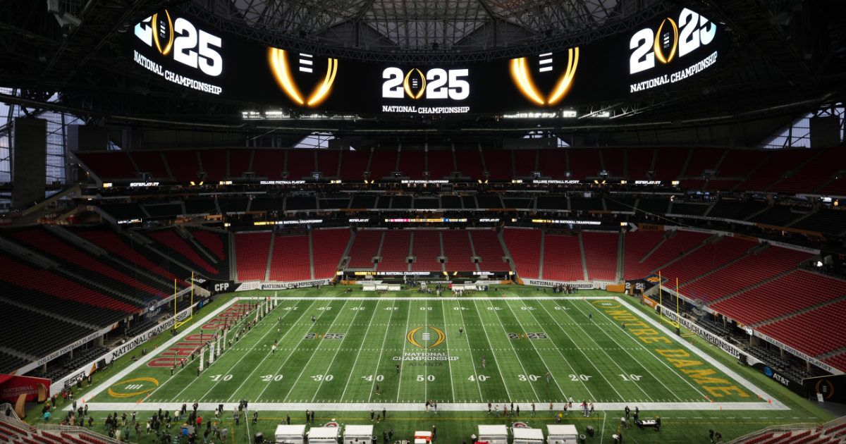 Jan 19, 2025; Atlanta, GA, USA; A general overall view of an empty Mercedes-Benz Stadium, the site of the 2025 College Football Playoff National Championship between the Ohio State Buckeyes and the Notre Dame Fighting Irish. Mandatory Credit: Kirby Lee-Imagn Images