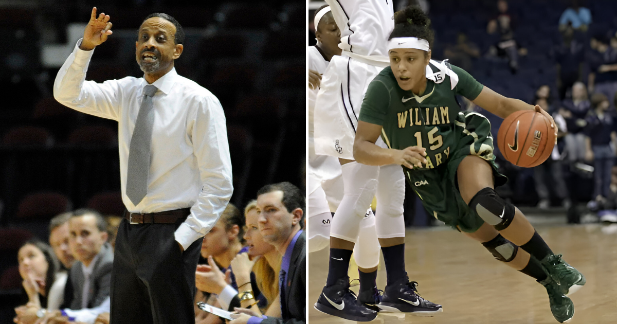 Mar 23, 2014; College Station, TX, USA; James Madison Dukes head coach Kenny Brooks gestures from the sidelines against the Gonzaga Bulldogs during the second half of a women's college basketball game in the first round of the NCAA Tournament at Reed Arena. The Dukes won 72-63. Mandatory Credit: Brendan Maloney-Imagn Images. | Photo of Jazmen Boone via Tribe Athletics
