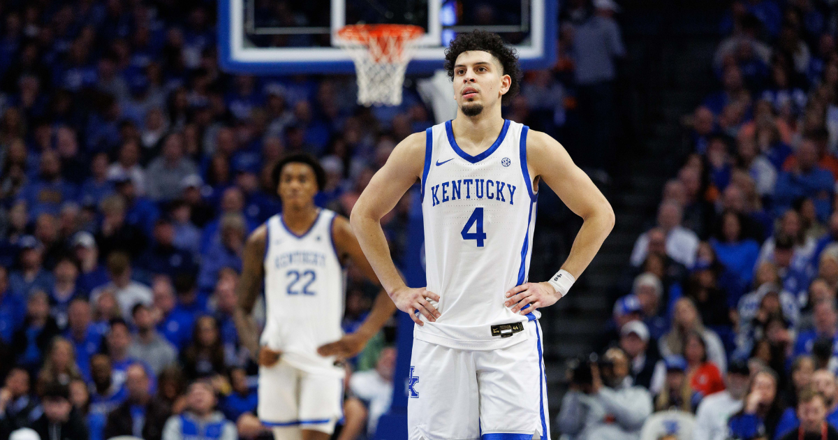 Kentucky Wildcats guard Koby Brea (4) looks on as a teammate shoots a free throw during the second half against the Auburn Tigers at Rupp Arena at Central Bank Center. Mandatory Credit: Jordan Prather-Imagn Images