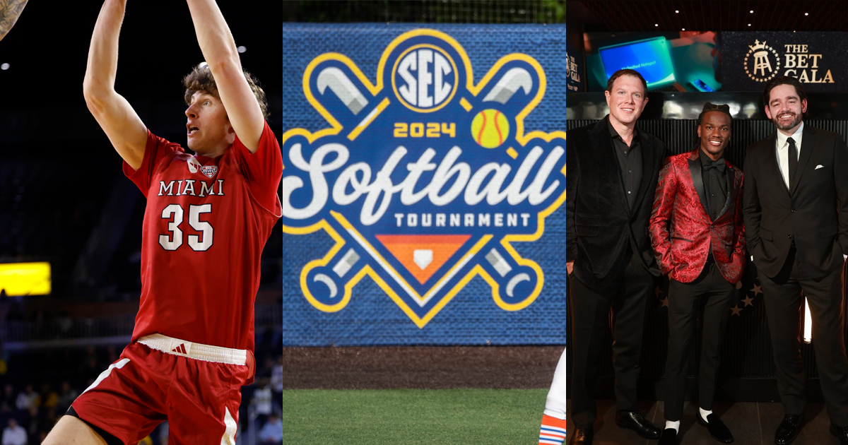 Reece Potter, SEC Softball Tournament, KSR at the Bet Gala (Left photo: © Rick Osentoski-Imagn Images; Middle photo: © Jake Crandall / USA TODAY NETWORK; Right photo: @MarioMaitland_3/Twitter)