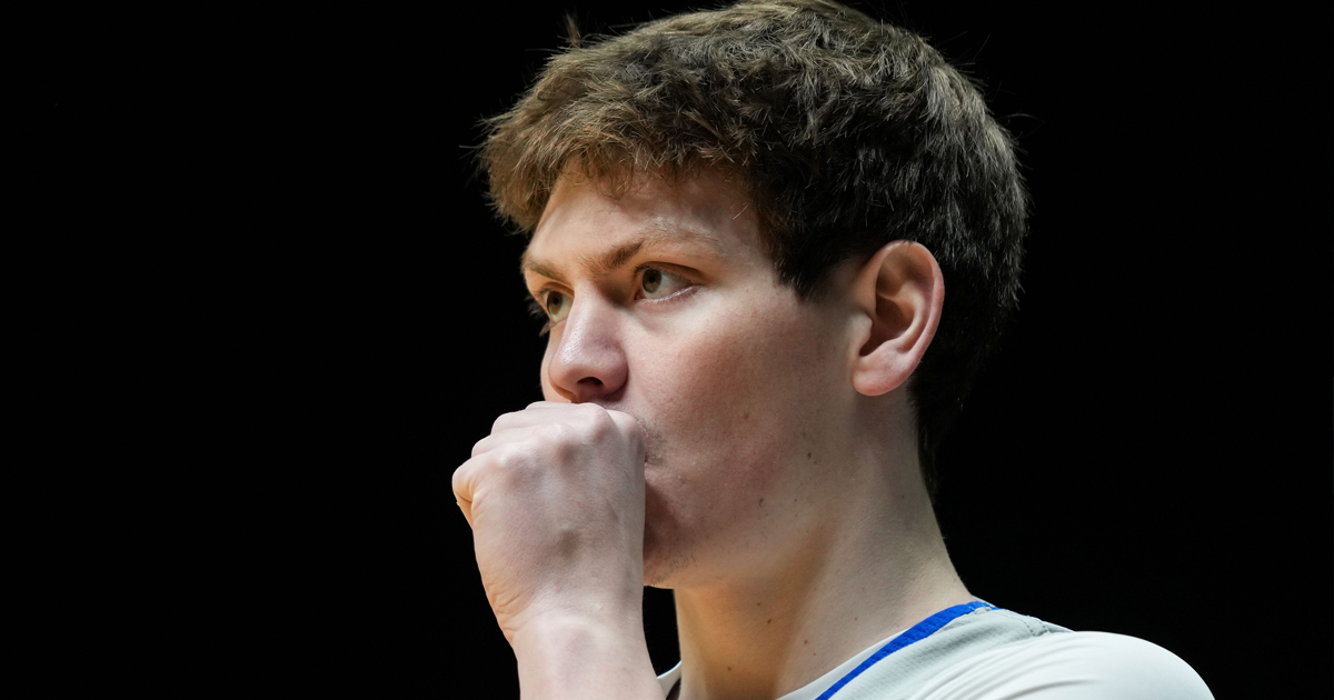 Kentucky Wildcats forward Trent Noah (9) waits for a ball Thursday, March 27, 2025, during practice ahead of the Sweet 16 March Madness tournament game against the Tennessee Volunteers at Lucas Oil Stadium in Indianapolis.