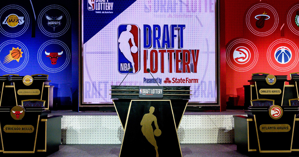 May 14, 2019; Chicago, IL, USA; A general view of the stage prior to the 2019 NBA Draft Lottery at the Hilton Chicago. Mandatory Credit: Patrick Gorski-Imagn Images