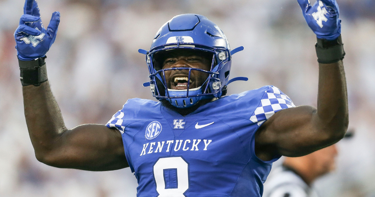 Kentucky's Octavious Oxendine celebrates after a Wildcat stop against Florida in the first half Saturday night at Kroger Field in Lexington. Oct. 2, 2021.