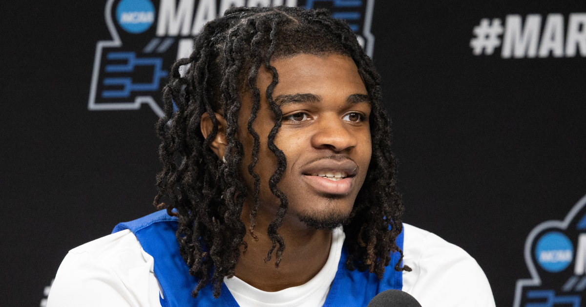 Mar 27, 2025; Indianapolis, IN, USA; Kentucky Wildcats guard Otega Oweh (00) talks to the media during practice day at Lucas Oil Stadium. Mandatory Credit: Trevor Ruszkowski-Imagn Images