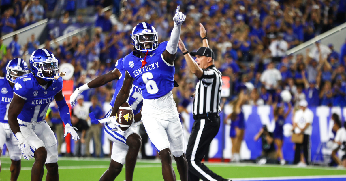 Aug 31, 2024; Lexington, Kentucky, USA; Kentucky Wildcats defensive back JQ Hardaway (6) celebrates after an interception in the end zone against Southern Miss Golden Eagles during the second quarter at Kroger Field. Mandatory Credit: Carter Skaggs-Imagn Images