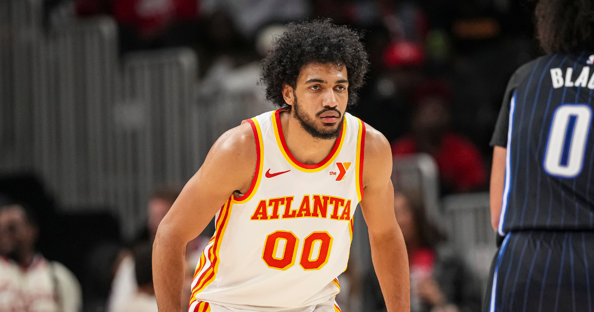 Apr 13, 2025; Atlanta, Georgia, USA; Atlanta Hawks forward Jacob Toppin (00) on the court during the game against the Orlando Magic during the second half at State Farm Arena. Mandatory Credit: Dale Zanine-Imagn Images
