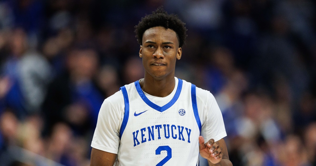 Feb 8, 2025; Lexington, Kentucky, USA; Kentucky Wildcats guard Jaxson Robinson (2) claps during the first half against the South Carolina Gamecocks at Rupp Arena at Central Bank Center. Mandatory Credit: Jordan Prather-Imagn Images

