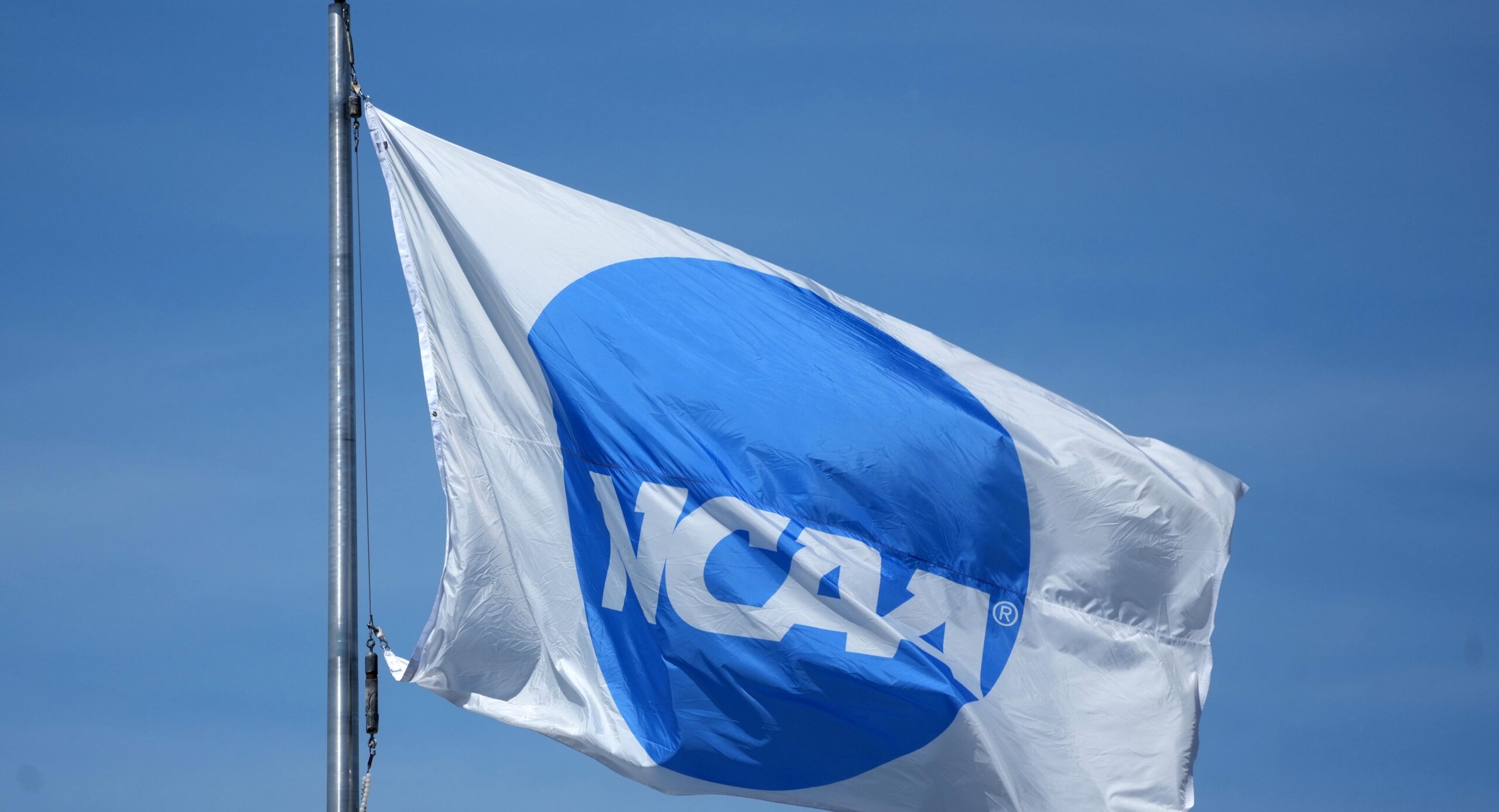 Jun 10, 2025; Eugene, OR, USA; A NCAA logo flag at the NCAA Track and Field Championships at Hayward Field. Mandatory Credit: Kirby Lee-Imagn Images