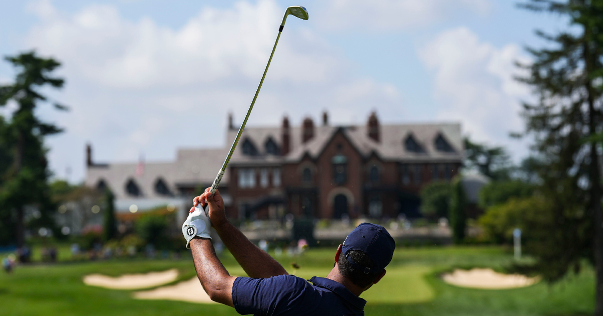 Shubhankar Sharma of India tees off the 9th tee during the first round of play Thursday morning at the PGA ISCO Championship held at Hurstbourne Country Club in Louisville, Kentucky. July 10, 2025