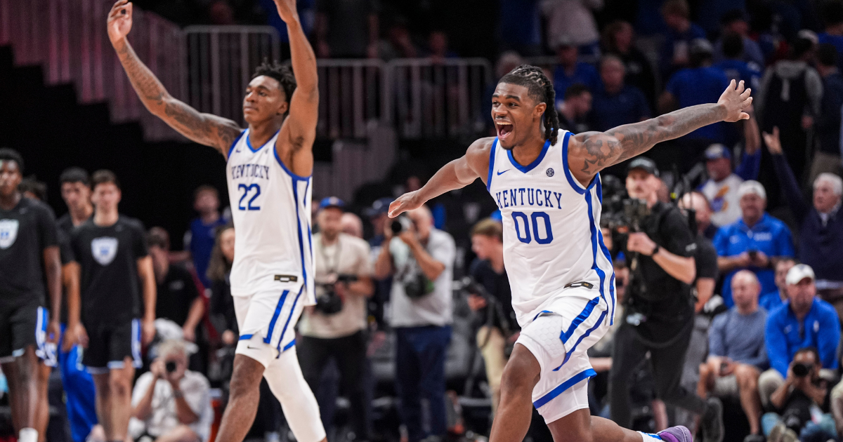 Nov 12, 2024; Atlanta, Georgia, USA; Kentucky Wildcats players react after defeating the Duke Blue Devils at State Farm Arena. Mandatory Credit: Dale Zanine-Imagn Images