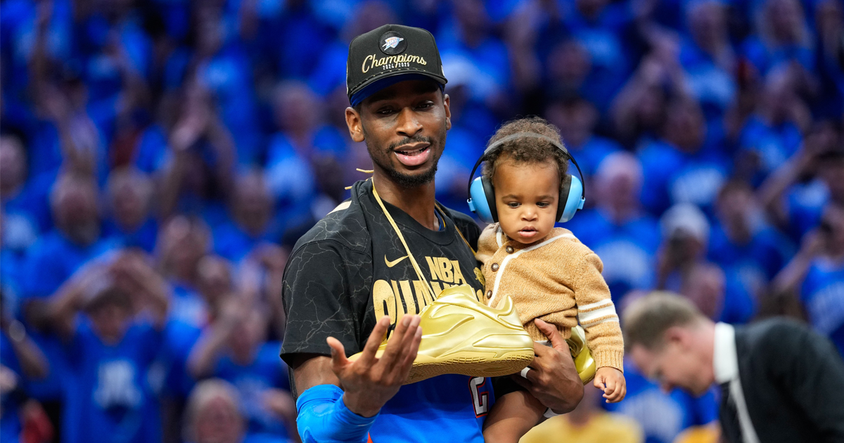 Jun 22, 2025; Oklahoma City, Oklahoma, USA; Oklahoma City Thunder guard Shai Gilgeous-Alexander (2) after winning game seven of the 2025 NBA Finals against the Indiana Pacers at Paycom Center. Mandatory Credit: Kyle Terada-Imagn Images