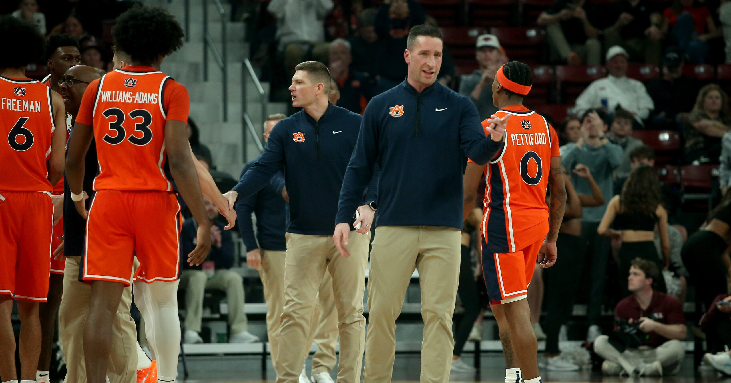 Feb 18, 2026; Starkville, Mississippi, USA; Auburn Tigers head coach Steven Pearl reacts during a timeout during the first half against the Mississippi State Bulldogs at Humphrey Coliseum. Mandatory Credit: Petre Thomas-Imagn Images
