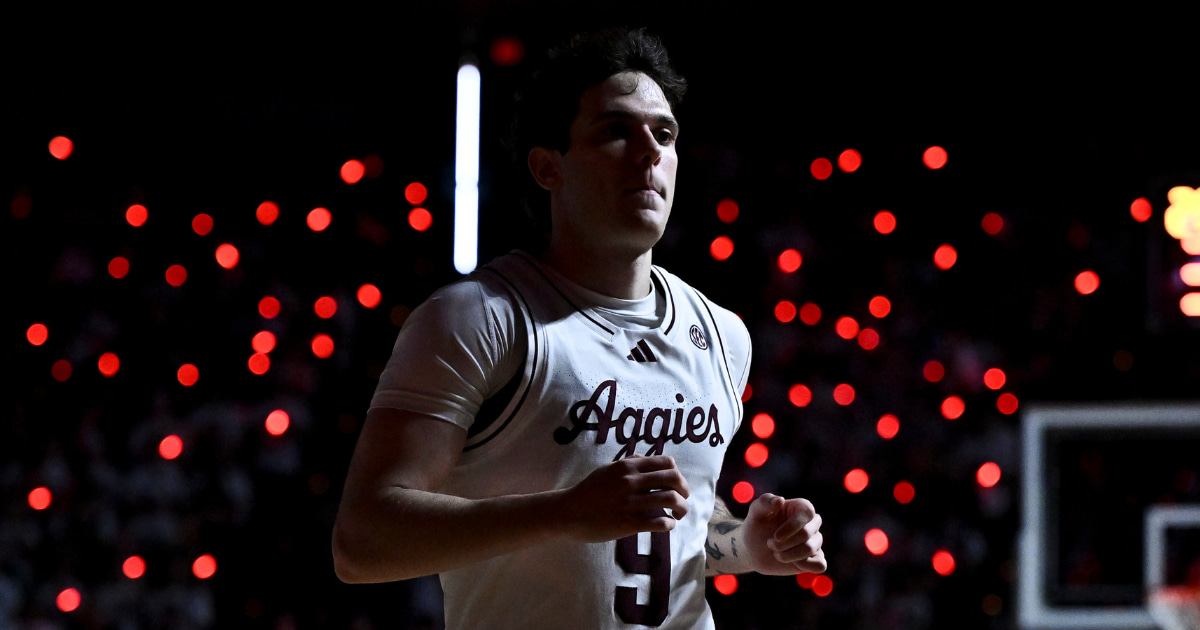 Feb 28, 2026; College Station, Texas, USA; Texas A&M Aggies guard Rubén Dominguez (9) enters the court prior to the game against the Texas Longhorns at Reed Arena. Mandatory Credit: Maria Lysaker-Imagn Images